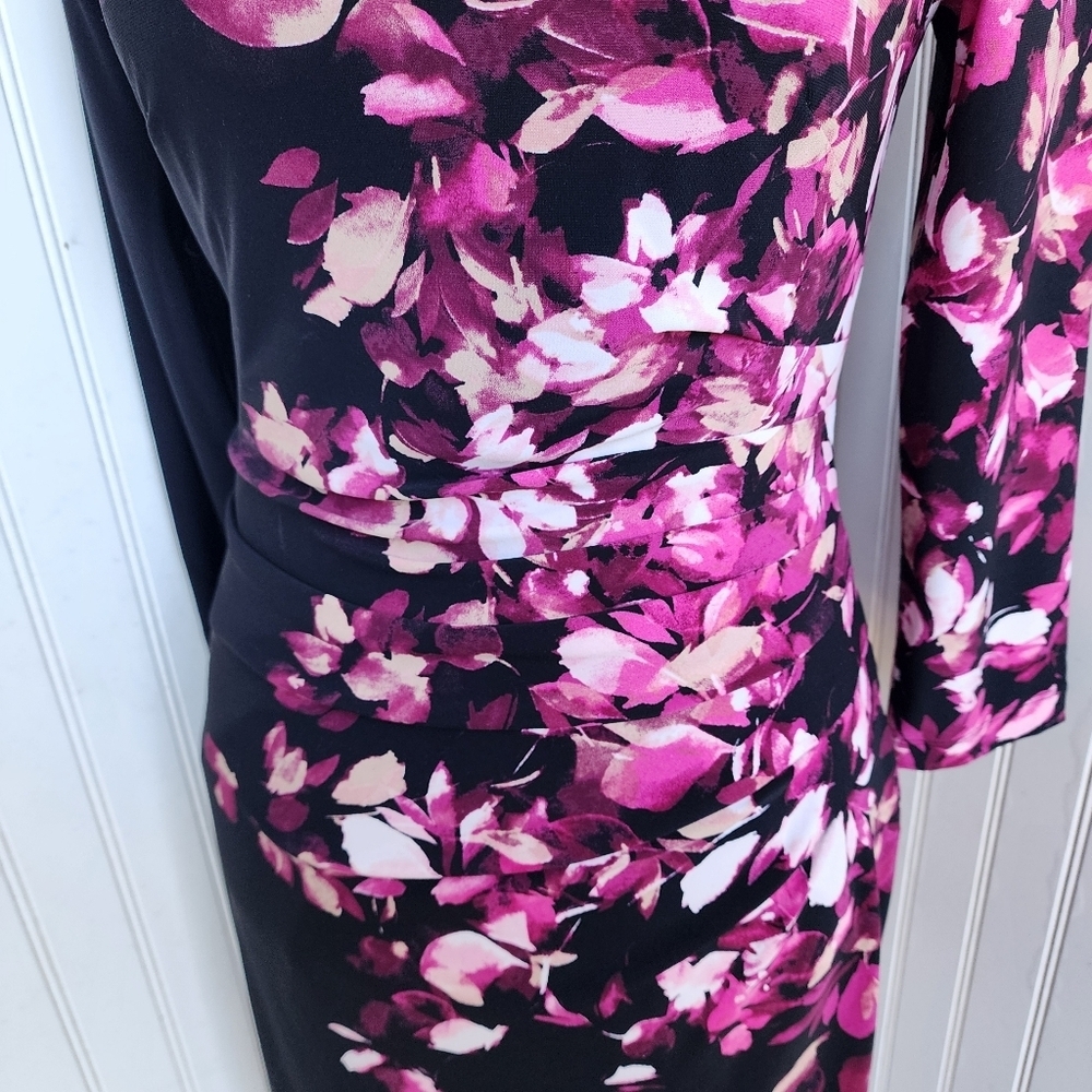 VTG Anne Klein Dress Ruched Black Pink Floral 3/4 Sleeves Stretch Womens Sz 2 - Picture 3 of 16